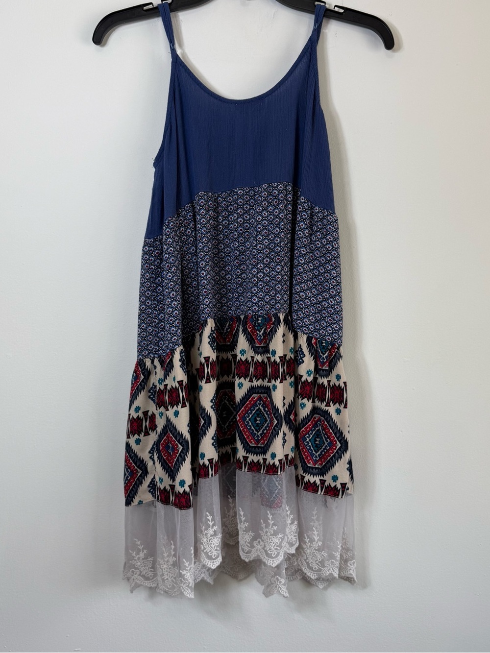 Umgee Boho Blue Mixed Print Tiered Dress Southwestern Tribal Lace Hem Medium - Picture 5 of 6
